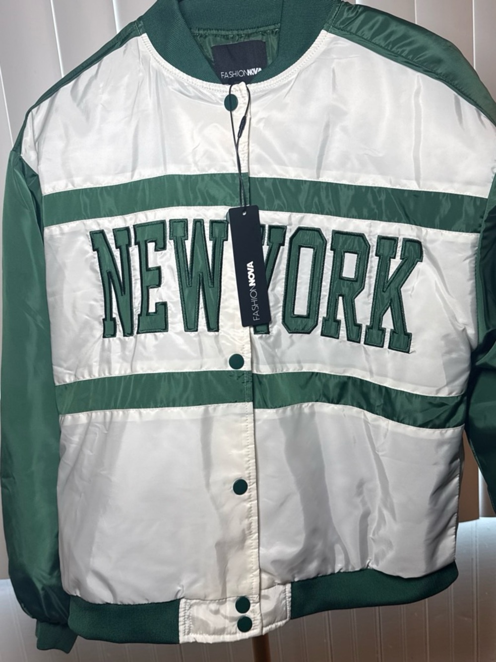 Fashion Nova Green & White Satin NEW YORK Bomber Jacket